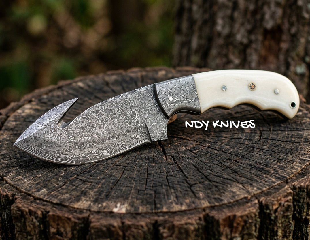 8" Hand-Forged Damascus Steel Guthook Skinner Knife – Full-Tang Hunting Blade with Authentic Camel Bone Handle & Matching Damascus Bolsters