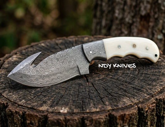 8" Hand-Forged Damascus Steel Guthook Skinner Knife – Full-Tang Hunting Blade with Authentic Camel Bone Handle & Matching Damascus Bolsters