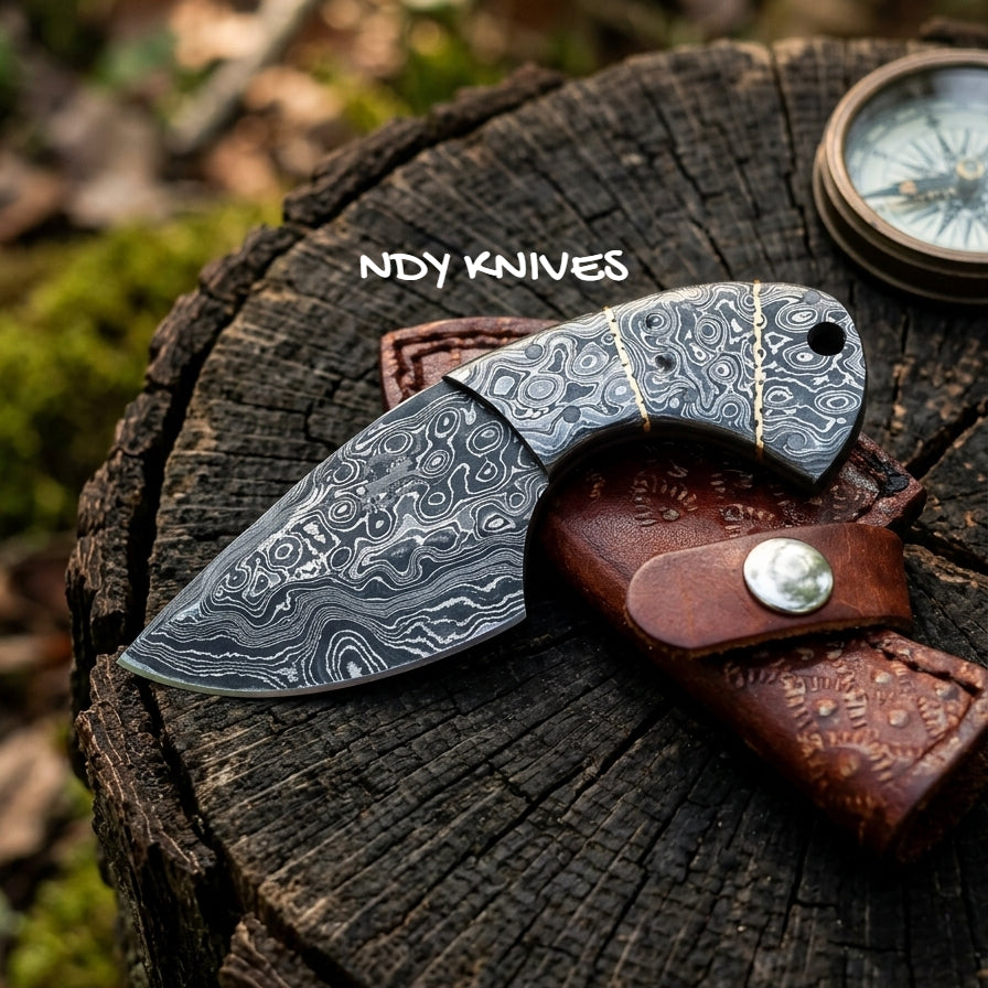 6.25" Compact Hand-Forged Full Damascus Steel Pocket Knife – Monolithic Full-Tang Fixed Blade Skinner with Integrated Damascus Handle