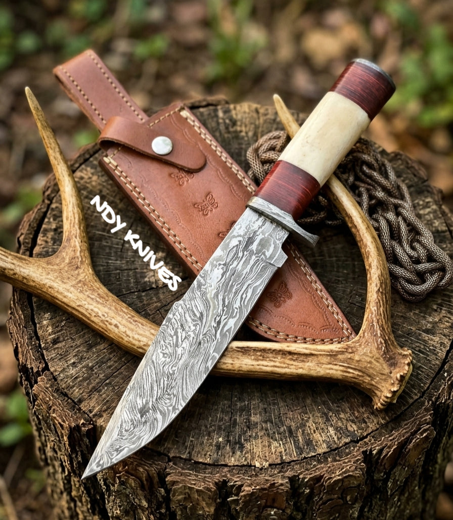 13" Hand-Forged Damascus Steel Bowie Knife – Full-Tang Fixed Blade Camp Knife with Premium Camel Bone & Stacked Leather Handle & Genuine Leather Sheath